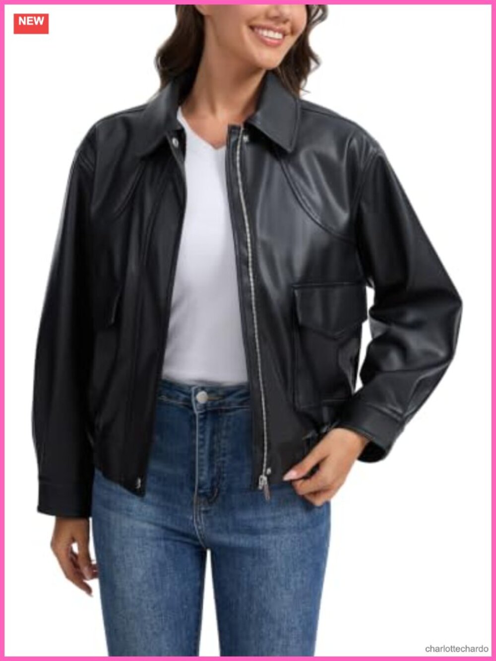 Faux Leather Moto Biker Jacket Snap Button Utility Coat